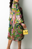 Pink Casual Print Patchwork Draw String Buckle Turndown Collar Printed Dress Dresses