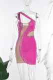 Rose Red Sexig Sweet Party Elegant formellt lapptäcke Genomskinliga mesh asymmetriska klänningar