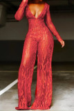 Rode sexy effen patchwork rechte jumpsuits met V-hals