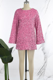 Pink Elegant Solid Sequins Patchwork O Neck Straight Dresses