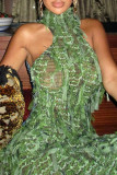 Grön Sexig Patchwork Genomskinlig Rygglös Halter Oregelbunden klänning