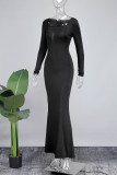 Schwarze, lässige, solide Frenulum-Basic-Kleider mit U-Ausschnitt und langen Kleidern