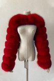 Prendas de abrigo casual con cuello redondo y patchwork liso rojo