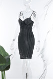 Negro sexy patchwork perforación en caliente sin espalda correa de espagueti envuelto falda vestidos
