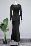 Zwarte casual effen Frenulum Basic U-hals lange jurkjurken