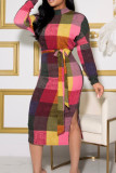 マルチカラー カジュアル カラーブロック パッチワーク スリット ベルト付き O ネック ワンステップ スカート ドレス