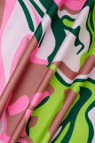 Roze casual print patchwork trekkoord gesp turndown kraag bedrukte jurkjurken
