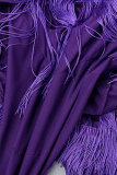 Robes à manches longues et col rond, violet, Sexy, couleur unie, ajouré, Patchwork, dos nu, col rond