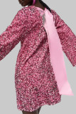 ピンクのエレガントな固体スパンコール パッチワーク O ネック ストレート ドレス