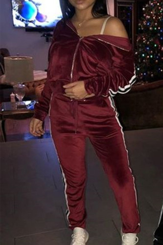 Burgundy Casual Patchwork Pocket Zipper O Neck Long Sleeve Two Pieces