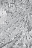 Серебряные сексуальные однотонные свободные комбинезоны с блестками в стиле пэчворк и V-образным вырезом