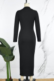 Zwarte elegante effen patchwork lange jurk met V-hals en lange jurken