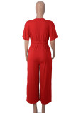 Rose Red Casual Solid Patchwork V-hals Lösa Jumpsuits