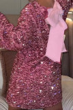 Roze elegante effen pailletten patchwork rechte jurken met o-hals
