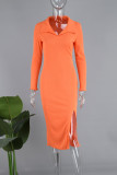 Оранжевые повседневные однотонные платья с V-образным вырезом и длинными рукавами