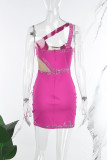 Rose Red Sexy Sweet Party Elegant Formal Patchwork See-through Mesh Asymmetrical Dresses