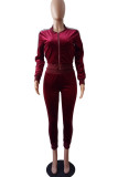 Burgundy Casual Patchwork Pocket Zipper O Neck Long Sleeve Two Pieces