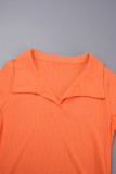 Orange Casual Solid Slit V Neck Long Sleeve Dresses