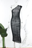 Black Sexy Daily Elegant Simplicity See-through One Shoulder Asymmetrical Dresses