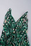 Groene zoete pailletten patchwork rugloze v-hals schede jurken