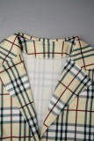Khaki Sexy Plaid Patchwork Cardigan Collar Long Sleeve Three Pieces