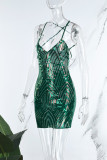 Green Sweet Sequins Patchwork Backless V Neck Sheath Dresses