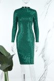 Gröna Casual Patchwork paljetter O-hals långärmade klänningar