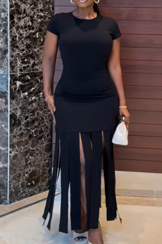 Black Elegant Solid Tassel Patchwork O Neck Wrapped Skirt Plus Size Dresses