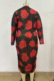 Schwarze elegante florale Patchwork-Falten-O-Ausschnitt-Etui-Kleider in Übergröße