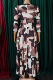 Коричневые элегантные платья с принтом в стиле пэчворк на молнии с круглым вырезом и принтом
