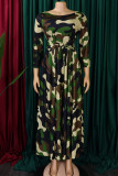 Green Elegant Print Bandage Patchwork Zipper O Neck Printed Dress Dresses
