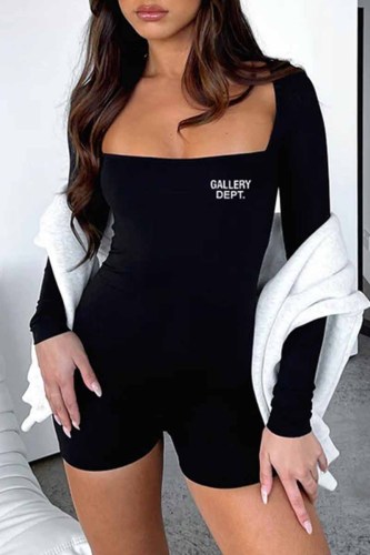 Black Sexy Print Letter Square Collar Rompers