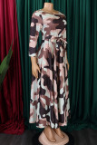 Khaki-Kleid mit elegantem Print, Bandage, Patchwork, Reißverschluss, O-Ausschnitt, bedruckt