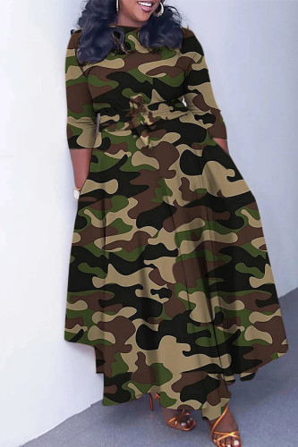 Green Elegant Print Bandage Patchwork Zipper O Neck Printed Dress Dresses
