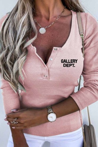 Pink Casual Print Letter Button Collar Tops