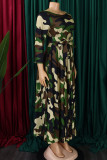 Vestidos de vestir estampados con cuello en O y cremallera de retazos con estampado elegante verde