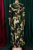 Green Elegant Print Bandage Patchwork Zipper O Neck Printed Dress Dresses