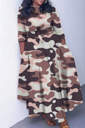 Brown Elegant Print Bandage Patchwork Zipper O Neck Printed Dress Dresses