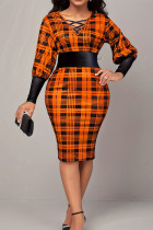 オレンジのエレガントなプリント パッチワーク クロス ストラップ スリット 非対称襟ペンシル スカート プラス サイズ ドレス