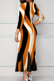 Bruine elegante print uitgeholde patchwork rits O-hals trompet zeemeermin plus size jurken