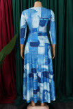 Khaki Elegant Print Bandage Patchwork Zipper O Neck Printed Dress Dresses