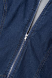 The cowboy blue Casual Solid Patchwork Turndown Collar Regular Denim Jumpsuits