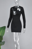 Svarta sexiga Casual Solid urholkade V-hals långärmade klänningar