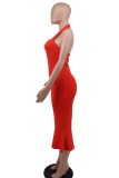 Red Sexy Solid Backless Halter Sleeveless Dress Dresses