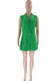 Green Casual Solid Patchwork Turn-back Collar Sleeveless Two Pieces