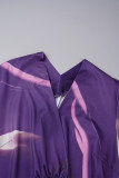 Purple Elegant Print Patchwork Fold V Neck Printed Dress Dresses