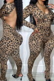 Mörkbrun Sexig Leopardbandage Patchwork Rygglös U-hals Skinny Jumpsuits