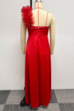 Red Casual Sweet Daily Elegant Patchwork Solid Color Stringy Selvedge One Shoulder Asymmetrical Dresses