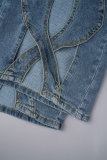 Lichtblauwe straat effen uitgeholde patchwork zakknopen rits hoge taille losse denim jeans
