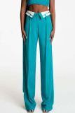 Bolso de retalhos sólido elegante azul botões retos cintura baixa reta retalhos bottoms
